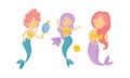 Cute Mermaid Floating Underwater and Brushing Her Hair Vector Set