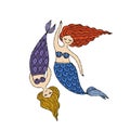 Cute mermaid friends, concept kids print, hand drawn art. Art for print - cards, t-shirts etc