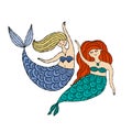 Cute mermaid friends, concept kids print, hand drawn art. Art for print - cards, t-shirts etc