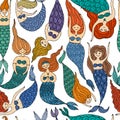 Cute mermaid friends, concept kids print, hand drawn art. Seamless pattern for your design