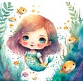 Cute mermaid girl with big blue eyes among the waves of fish and seaweed illustration in a watercolor style.