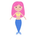 Cute mermaid girl with pink hair and blue fish tail. Vector illustration in funny cartoon style. Print for baby textile Royalty Free Stock Photo