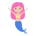 Cute mermaid girl with pink hair and blue fish tail. Vector illustration in funny cartoon style. Print for baby textile Royalty Free Stock Photo