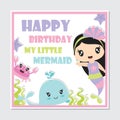 Cute mermaid girl and sea creatures frame vector cartoon illustration Royalty Free Stock Photo