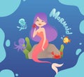 Cute mermaid. Happy sea princess sitting on stone, poster. Jellyfish, octopus and fishes vector illustration Royalty Free Stock Photo