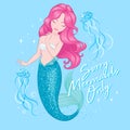 Cute Mermaid with jellyfish. Beautiful mermaid on blue background, for t shirts or kids fashion artworks, children books. Fashion