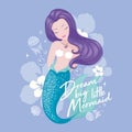 Cute Mermaid with jellyfish and flowers. Beautiful mermaid on lilac background, for t shirts or kids fashion artworks, children