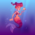 Cute mermaid with little fish underwater in sea