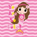 Cute mermaid on pink striped background cartoon, children postcard, wallpaper, and greeting card