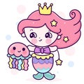 Cute Mermaid princess cartoon with colorful jelly fish vector kawaii animal friendship Royalty Free Stock Photo