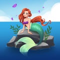 Cute mermaid with red hair and green tail sitting on stone. Hand drawn cartoon illustration.  on white. Royalty Free Stock Photo