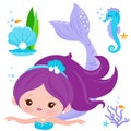 Beautiful mermaid and sea animals. Vector illustration