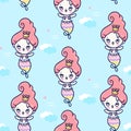 Cute mermaid seamless pattern vector girl cartoon marine ocean: Series Kawaii animals character design fairytale Royalty Free Stock Photo