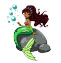 Cute mermaid sitting on rock. Crown with shells, wavy blac hair, shiny shirt, green tail