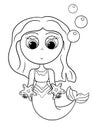 Cute mermaid underwater world, Coloring book page for kids. Collection of design element, outline, kawaii anime chibi style