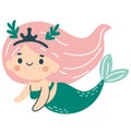 Cute mermaid swimming on white background. Flat vector illustration in simple child style