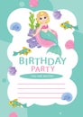 Beautiful Mermaid Underwater world with fish. Birthday party invitation card template Royalty Free Stock Photo