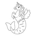 Cute mermaid unicorn. Magic fairy horse. Coloring book page for kids. Cartoon style. Vector illustration isolated on white