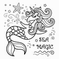 Cute mermaid unicorn, coloring book