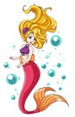 Cute mermaid vector design. Cartoon girl with blonde hair and pink fishtail. isolated on white background and bubbles Royalty Free Stock Photo