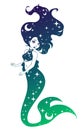 Cute mermaid vector design. Contour hand drawn girl with rainbow gradient hair and tail. Stars and moon in hair. Isolated on white Royalty Free Stock Photo
