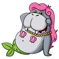 The cute mermaid walrus is wearing mermaid costume with the long tail