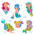 Cute mermaids. Adorable girl sea little princess, underwater mythical creatures with fish tail cartoon vector kids