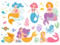 Cute mermaids. Beautiful girls living underwater with fish, turtle, corals and octopus. Mythical creatures Royalty Free Stock Photo