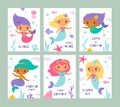Cute mermaids cards. Girly birthday posters, funny little underwater princesses, seaweed and fishes, kids ocean fairy