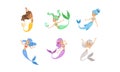 Cute Mermaids Collection, Adorable Sea Princesses with Colorful Hair and Tails Vector Illustration Royalty Free Stock Photo