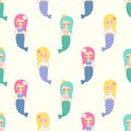 Cute mermaids girls with colorful hairs seamless pattern on white background.