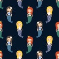 Cute mermaids girls seamless pattern on dark blue background.