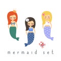 Cute mermaids girls set on white background.