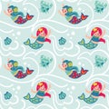 Cute mermaids on the ocean. Fantasy print