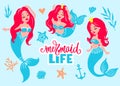Cute Mermaids with Red Hair Vector Collection. Princess and Unicorn.