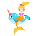 Cute mermaids sit on narwhal