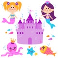 Cute mermaids and beautiful underwater castle. Vector illustration set