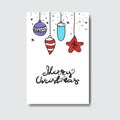 Cute Merry Christmas Doodle Card Decorated With Hand Drawn Toy And Balls, Holiday Greeting Postcard Design Royalty Free Stock Photo