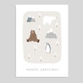 Cute Merry Christmas greeting card, invitation with bear, polar bear, penguin, fir trees and mountains. Hand drawn kids