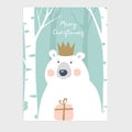 Cute Merry Christmas greeting card, invitation. Polar bear with crown holding gift box. Birch wood. Hand drawn kids