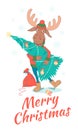 Cute Merry christmas and happy New Year card with deer (elk, moo