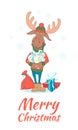 Cute Merry christmas and happy New Year card with deer (elk, moo