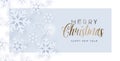 Cute Merry Christmasand happy new year greeting card with white in white snowflakes and golden calligrapy, gentel congratulation