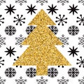 Cute Mery Christmas print gold sparkle Christmas tree and black snowflakes