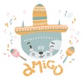 Cute mexican baby cat. Hand drawn vector illustration. For kid`s