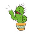 A cute Mexican cactus with a chili pepper in its teeth. Doodle style, bright colors