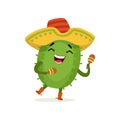 Cute Mexican cactus, funny plant character in sombrero hat shaking maracas cartoon vector Illustration