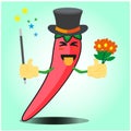 Cute mexican chili magician cartoon face character with magic stick and flowers design