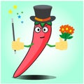 Cute mexican chili magician cartoon face character with magic stick and flowers design