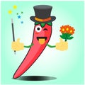 Cute mexican chili magician cartoon face character with magic stick and flowers design